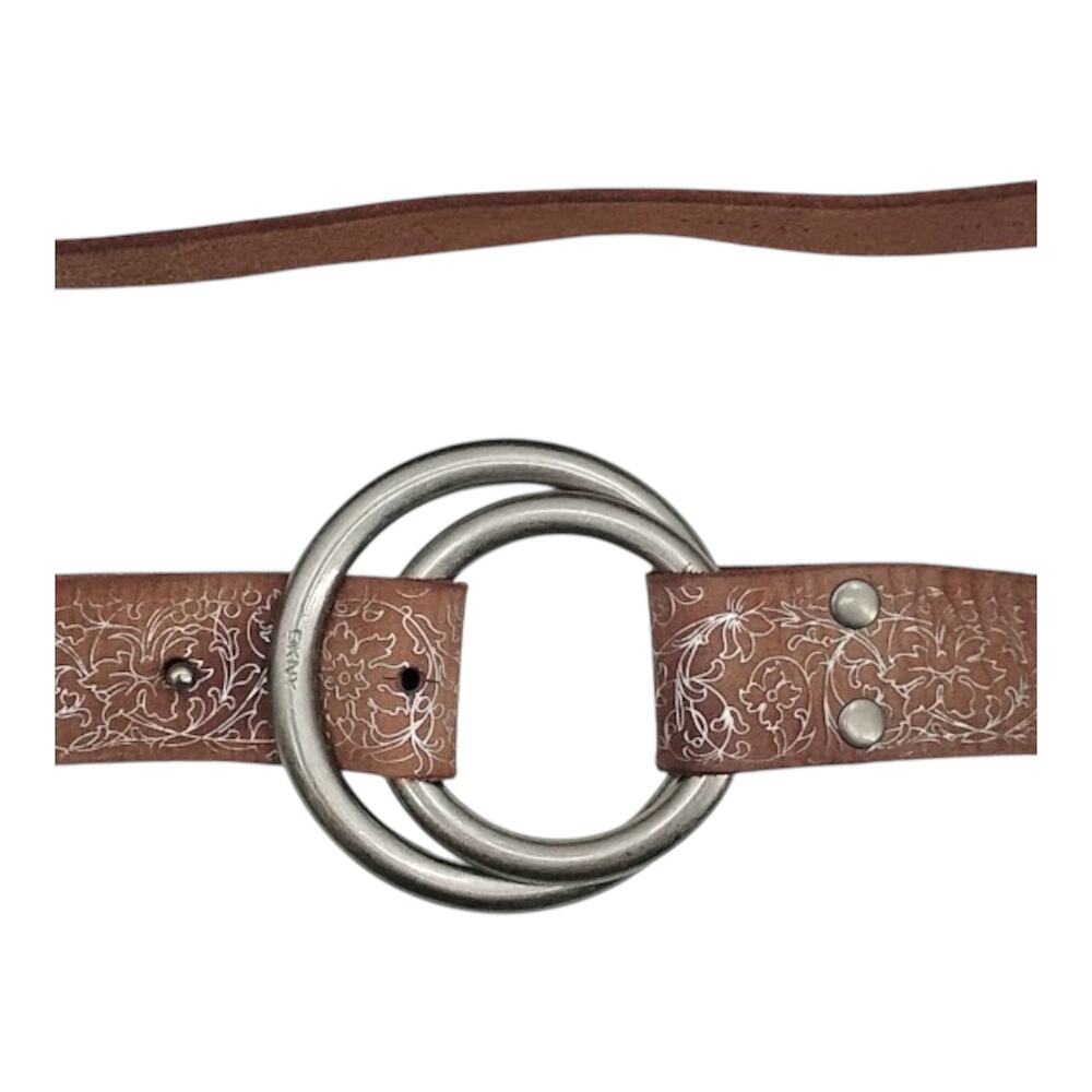 DKNY Double Loop Brown Leather Belt Silver Floral Embossed Tooled Size L/XL